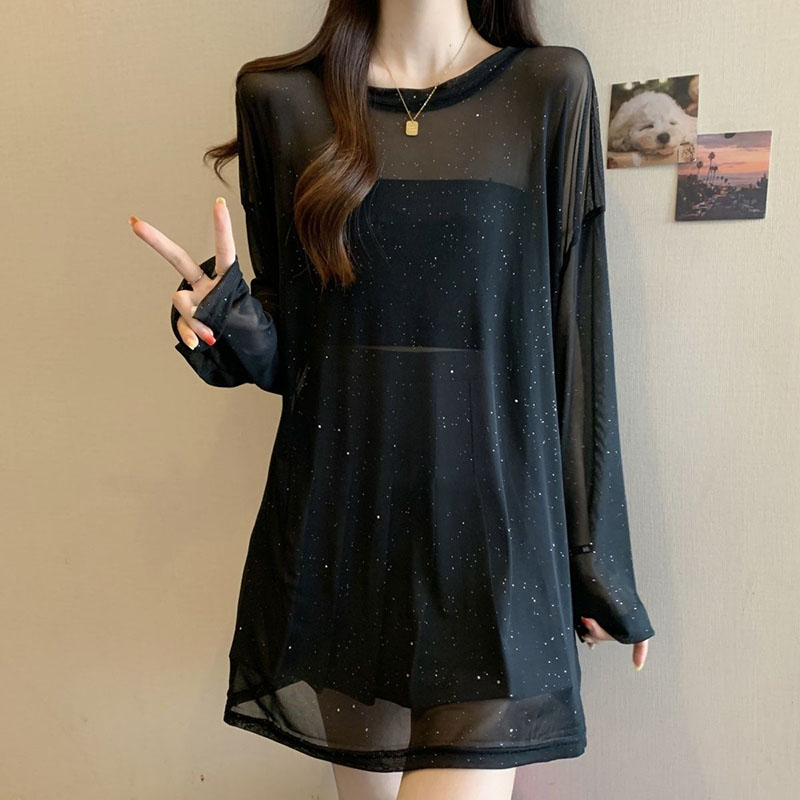 Noir Sexy voir à travers transparent T-Shirts femmes luxe paillettes mince glace soie à manches longues t-shirt été respirant résistant au soleil hauts