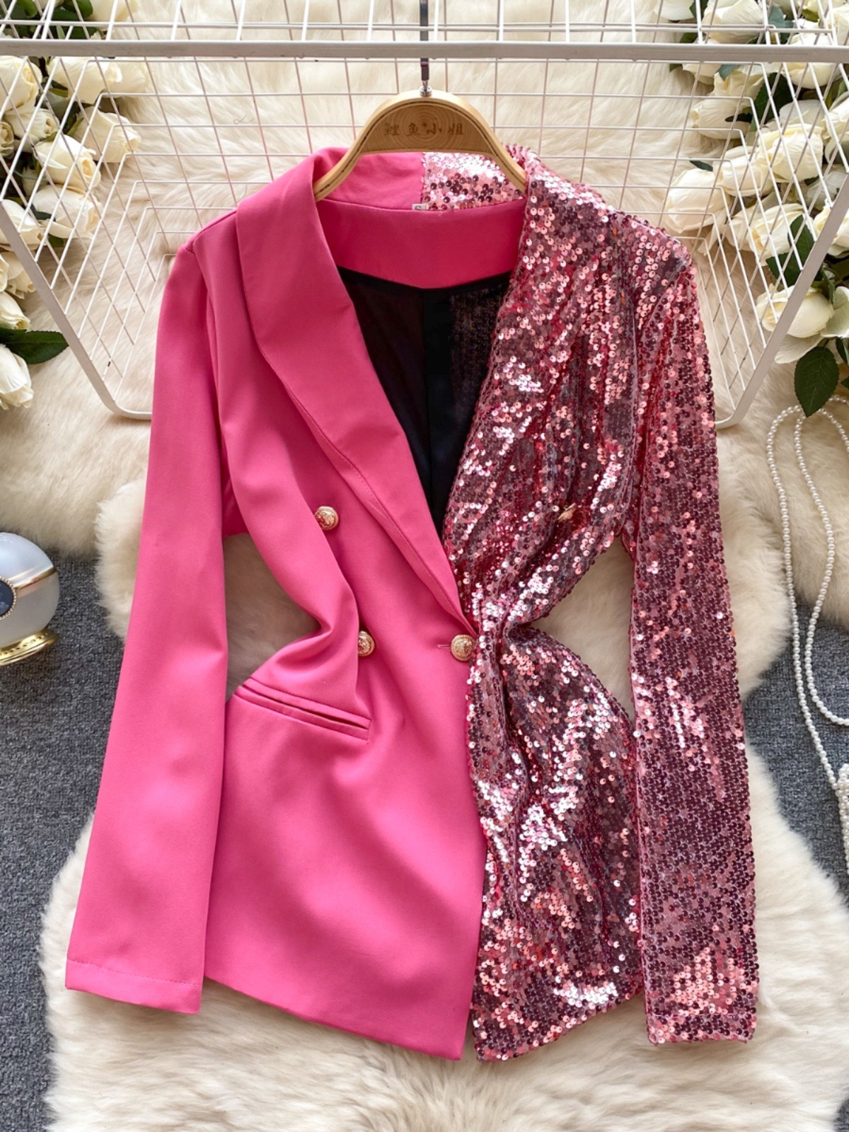 Femmes Blouse Style de mode coréenne paillettes Patchwork manteau printemps été col en V à manches longues Colorblock jolie pochette Mini robe