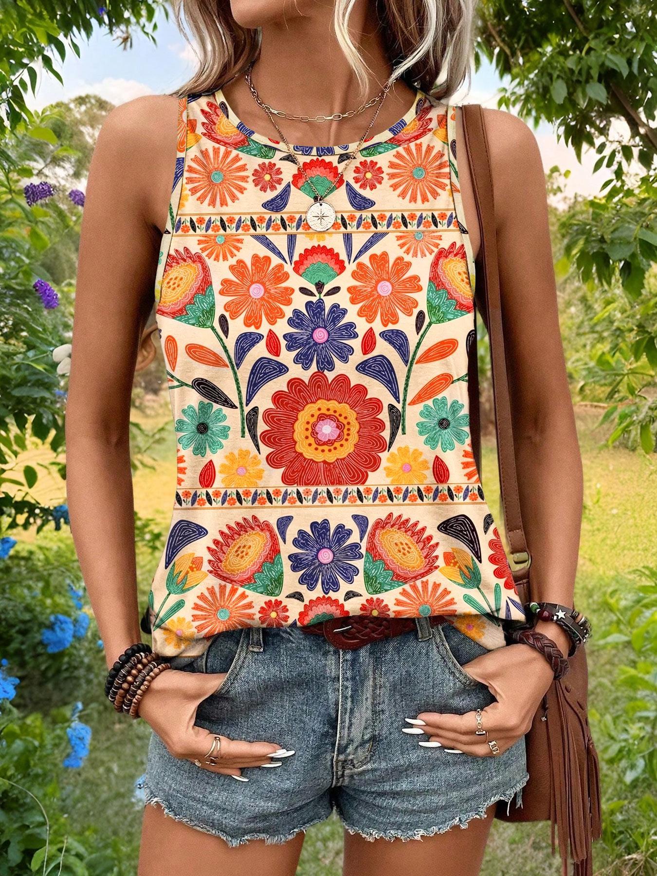 Gilet à imprimé floral pour femmes, col rond sans manches, décontracté pour l'été, style bohème ample pour tous les jours