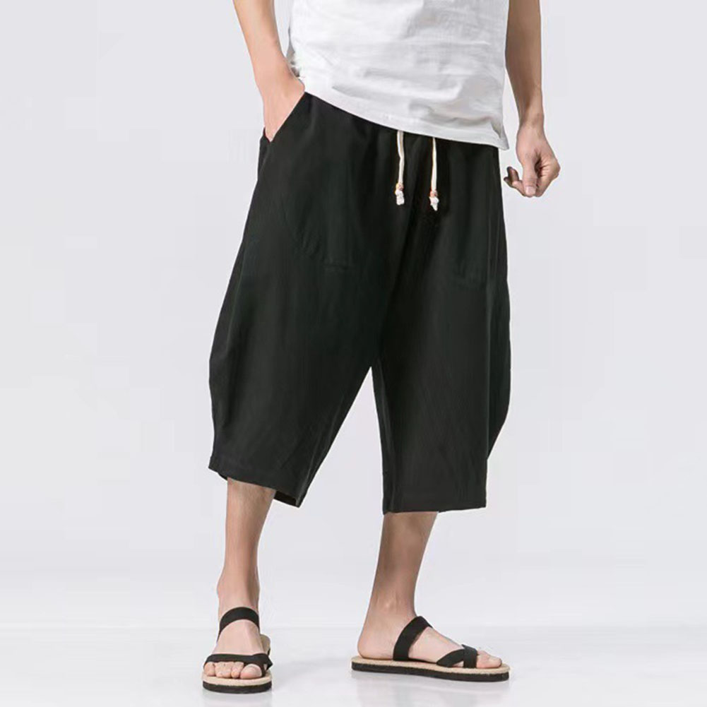 Hommes ample mince coton lin pantalon décontracté mollet longueur pantalons de survêtement vêtements pour hommes mode couleur unie sarouel