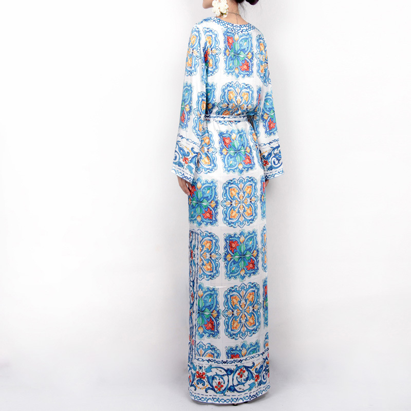 Robe bohème à manches longues pour femmes, motif vintage imprimé, taille haute, décontracté, fente latérale, robes de plage, nouveau, 2025