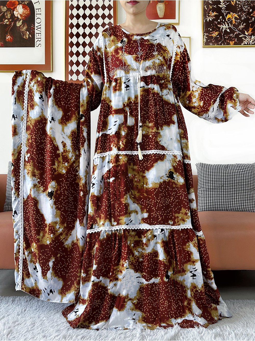 Nouvelle Robe Kashkha Dubaï en Coton Fleuri, Abaya Dubaï à Manches Longues, Ample, Style Bohème, Maxi, Décontractée, Tendance, Vêtement Africain ED402