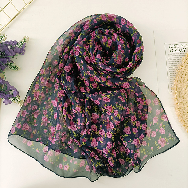 Foulard Georgette en Mousseline de Soie pour Femme, Bandana Élégant, Châle Long à Fleurs, Protection Solaire, Mince et Respirant, Été, 70x180cm