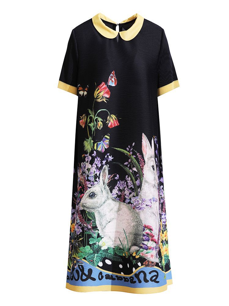 Robe d'été noire plissée à manches courtes pour femmes, imprimée, surdimensionnée, nouvelle collection 2024