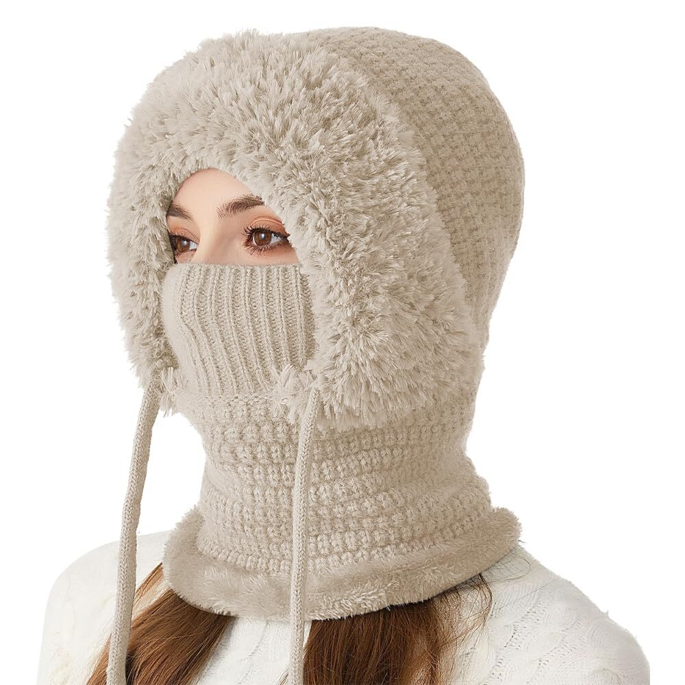 3 en 1 bonnet avec écharpe et masque hiver chaud femmes tricoté bonnet chapeau polaire doublé hiver écharpe masque ensemble casquettes de neige chapeaux
