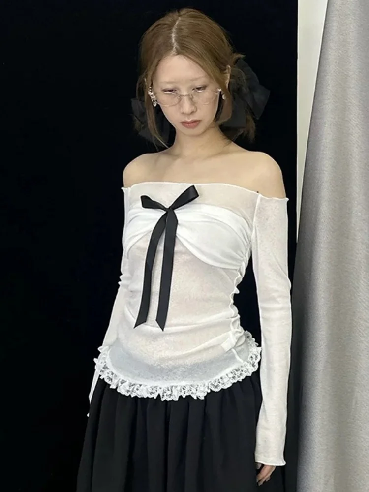 Chemises décontractées à manches longues pour femmes, Streetwear en maille, Haut Y2K à manches tombantes, Noeud à lacets, Slash Neck, Vêtements sexy, Blanc, Mode