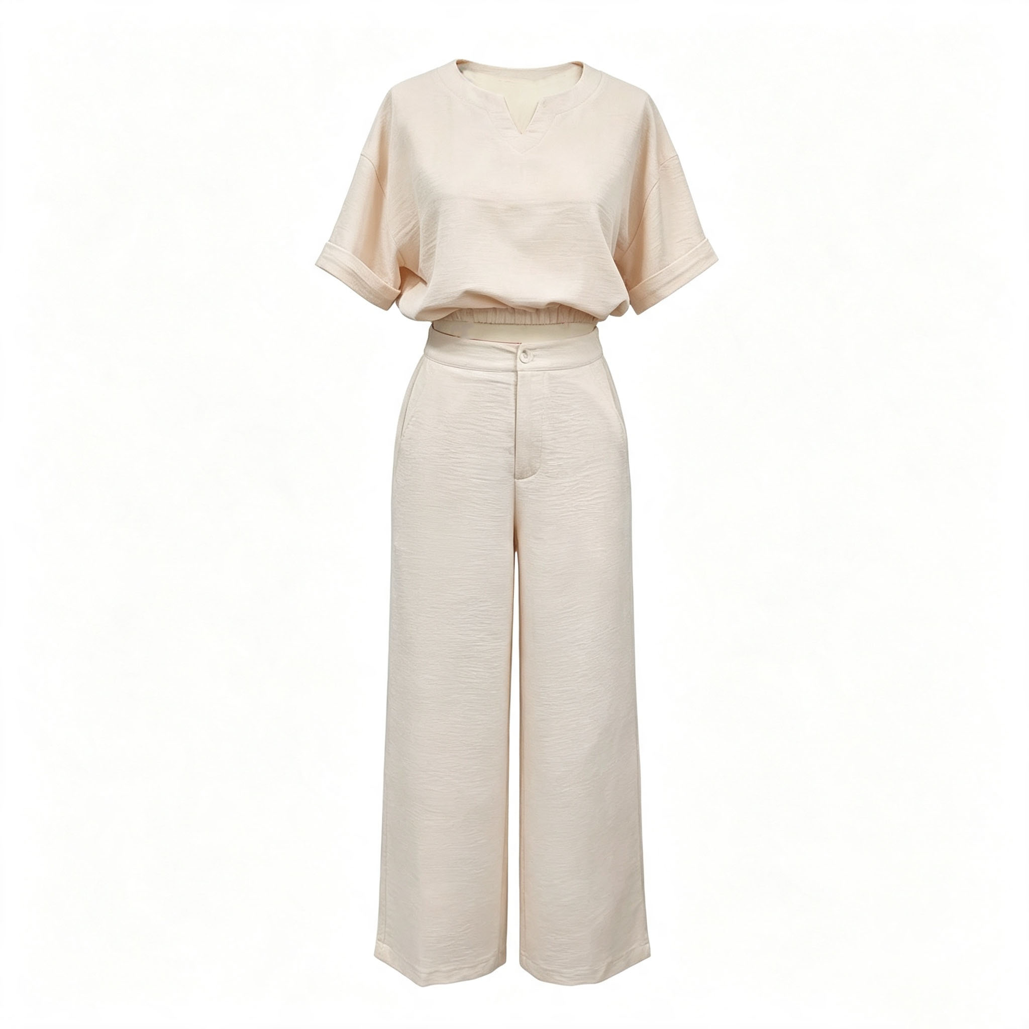 Ensemble élégant pour femme, pantalon large drapé taille haute de couleur unie avec haut à taille élastique