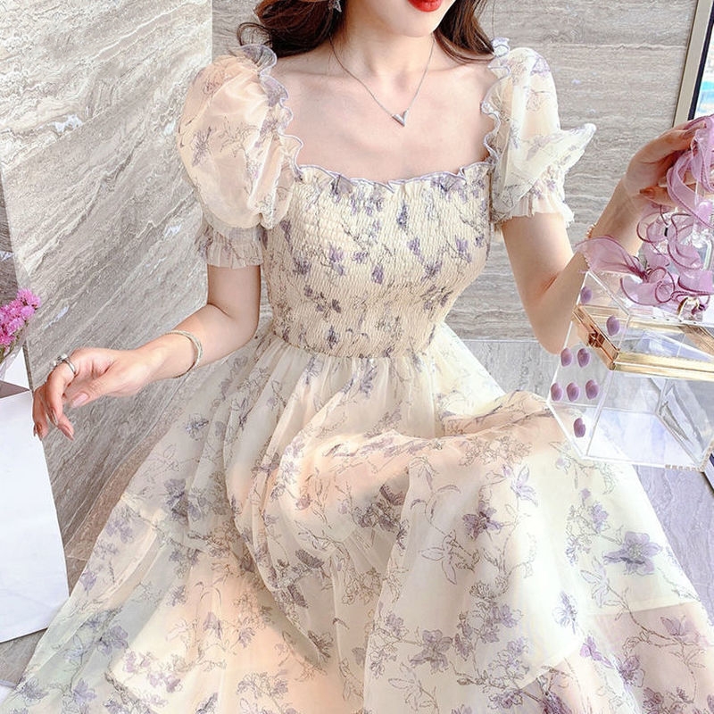 Robe florale vintage en mousseline de soie, mode coréenne élégante, robe d'été française, col carré, manches courtes bouffantes, peinture à l'encre, 20827