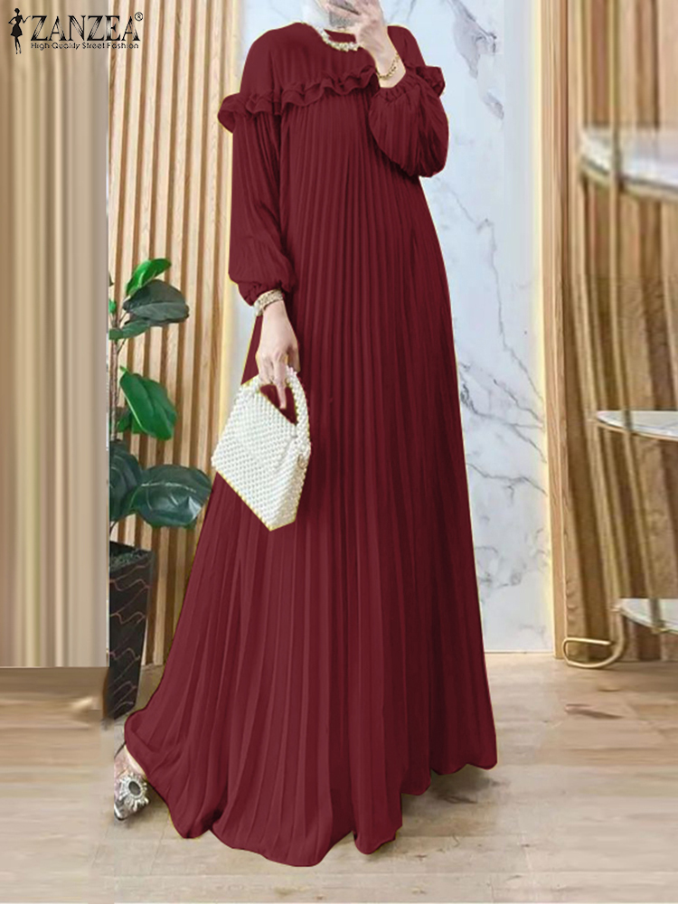 ZANZEA-Robe Maxi Abaya musulmane à manches longues pour femmes, Robe de soirée plissée élégante, Robe d'été islamique, Hijab, Mode de printemps, 2025