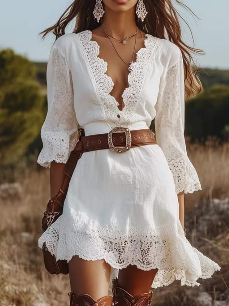 Robe Bohème en Dentelle pour Femme, Col en V Profond, Manches Évasées, Ourlet à Volants, Mini-Robe Vintage pour Concert, Festival, Plage, Soirée Décontractée