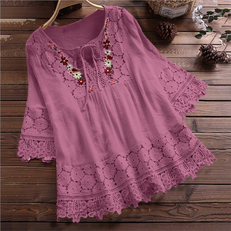 Chemisier d'été femmes col en v hauts chemise en dentelle et chemisier élégant femmes haut à la mode décontracté dame ample coton lin femme chemise