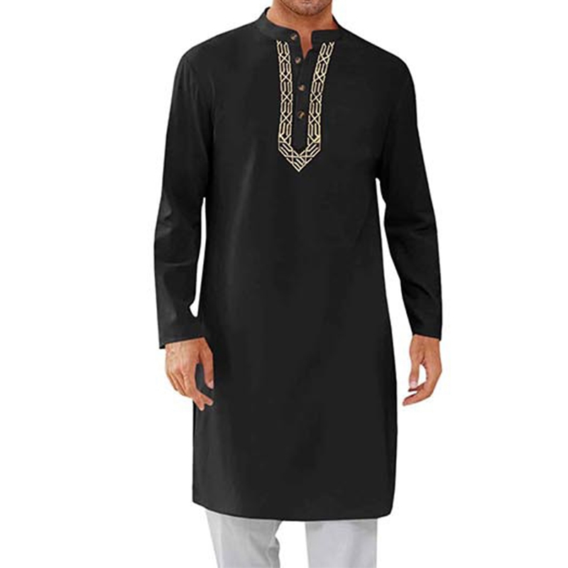 Eid Mubarak - Kaftan pour hommes musulmans - Chemise longue - Broderie dorée de luxe - Col Henry - Manches longues - Robe traditionnelle du Moyen-Orient - Abaya décontractée