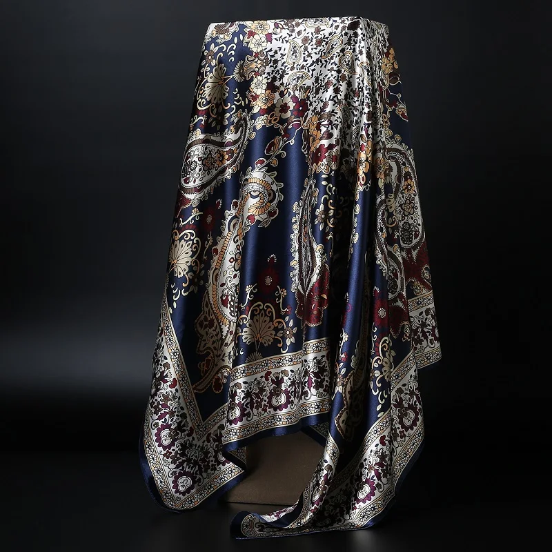 Foulard Hijab à la mode pour femmes, châles carrés, foulards de cheveux en Satin de soie pour femmes 90*90cm foulard Bandana pour la tête et le cou pour dames