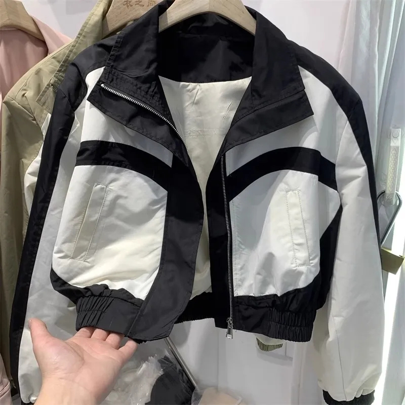 Manteau court pour femmes, Design Sense, col montant, vêtements d'extérieur pour dames, couleurs contrastées, veste à la mode, printemps-automne 2025