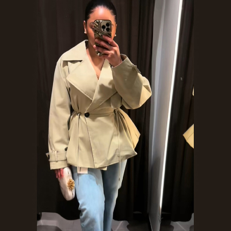 Manteau Trench Court Kaki Chic pour Femme avec Col Revers, Bouton Unique, Taille Ajustable par Cordon, Veste Oversize pour le Quotidien