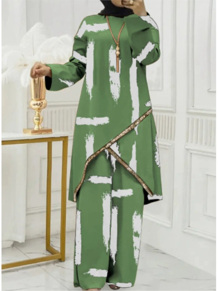 Ensemble Robe et Pantalon Large à Manches Longues Deux Pièces pour Femme Musulmane, Couleur Unie, Style Décontracté, Sportswear Tendance 2026
