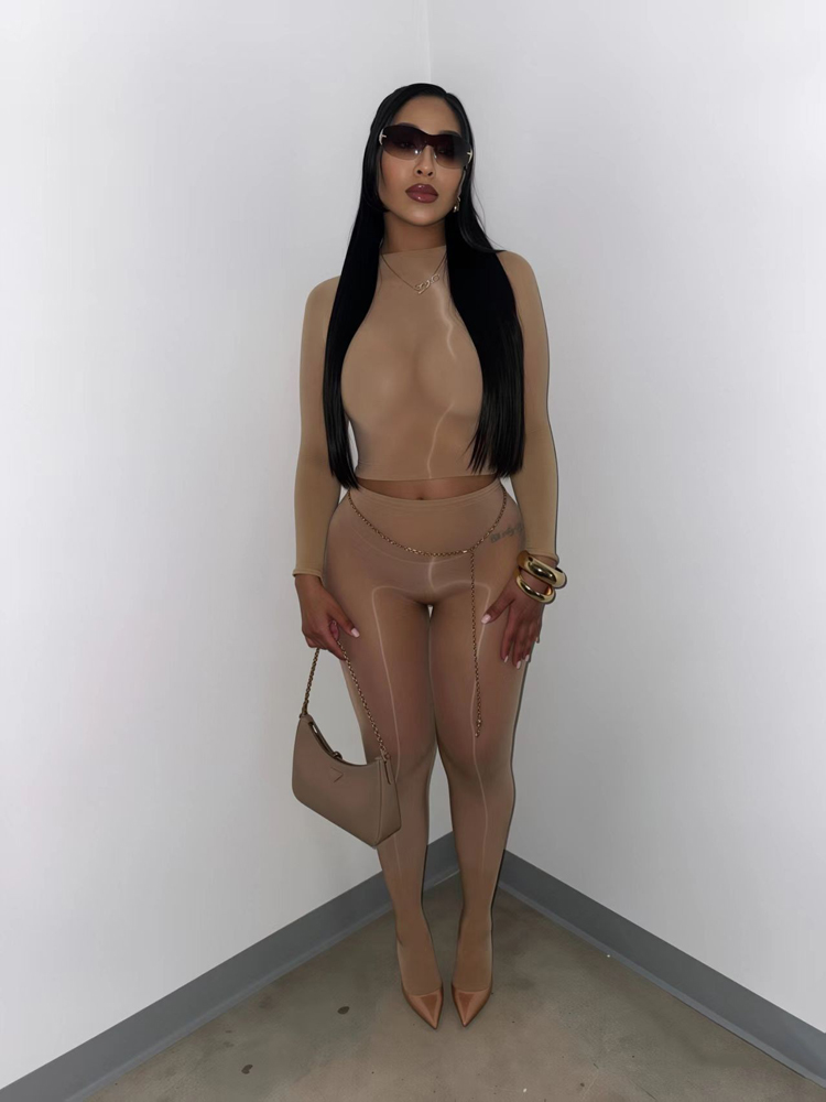 Vêtements pour femmes, ensemble 2 pièces sexy, extensible, brillant, transparent, haut court et pantalon skinny, tenue de soirée pour femmes