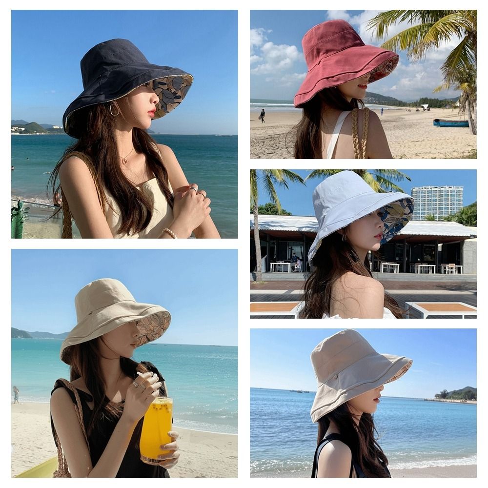 Chapeau de pêcheur double face pour femme, couleur unie, large bord, chapeau de soleil d'été respirant, imprimé floral, visière de protection solaire, casquette de plage