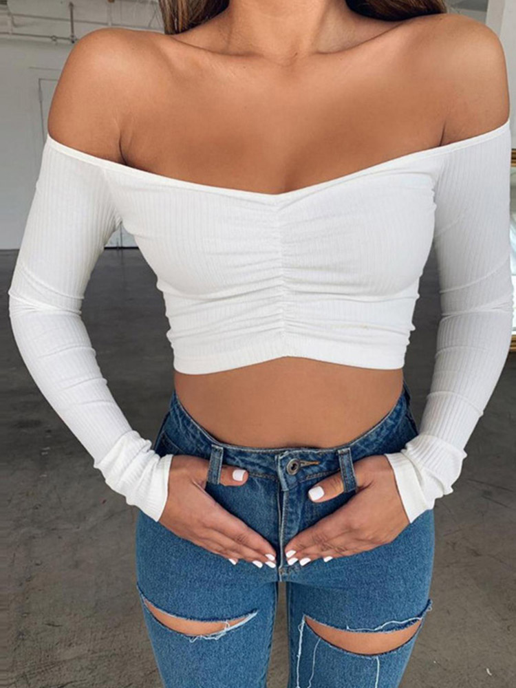 T-shirts pour femmes, sexy et tendance pour les soirées, T-shirt à manches longues, épaules dénudées, couleur unie, T-shirt basique pour femme, automne.