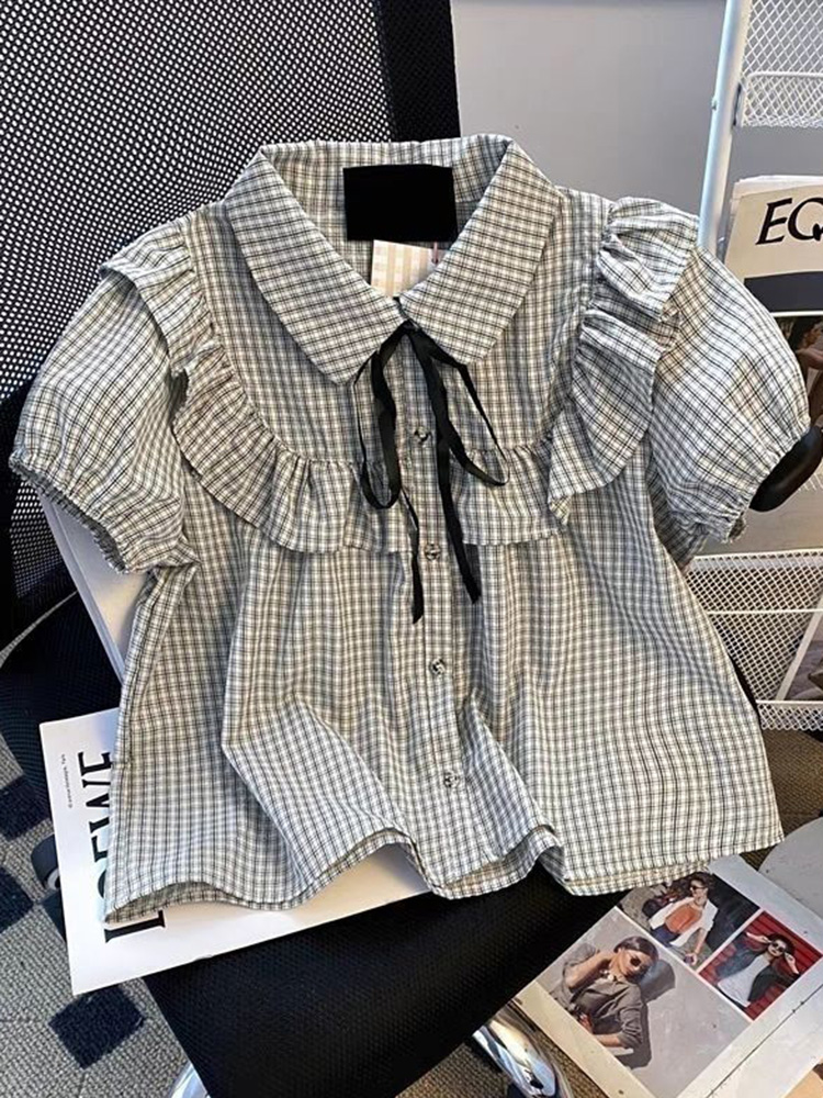 Chemisier à carreaux mignon à volants pour femme, avec manches bouffantes et nœud à lacets, style preppy japonais, mode printemps-été, hauts Kawaii pour femme