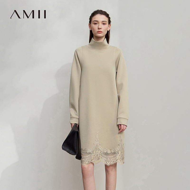 Amii femmes robes 2025 hiver nouveau minimaliste couleur unie col roulé robe ample dames Patchwork dentelle femme vêtements 12543136