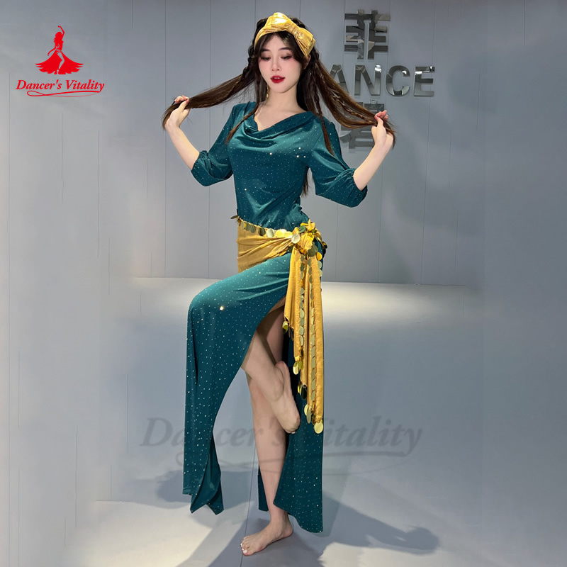 Ensemble de olympiques de performance de danse du ventre pour femmes, robe en coton à demi-manches, coiffure, ceinture, robes de performance Shabbi Baladi, 3 pièces