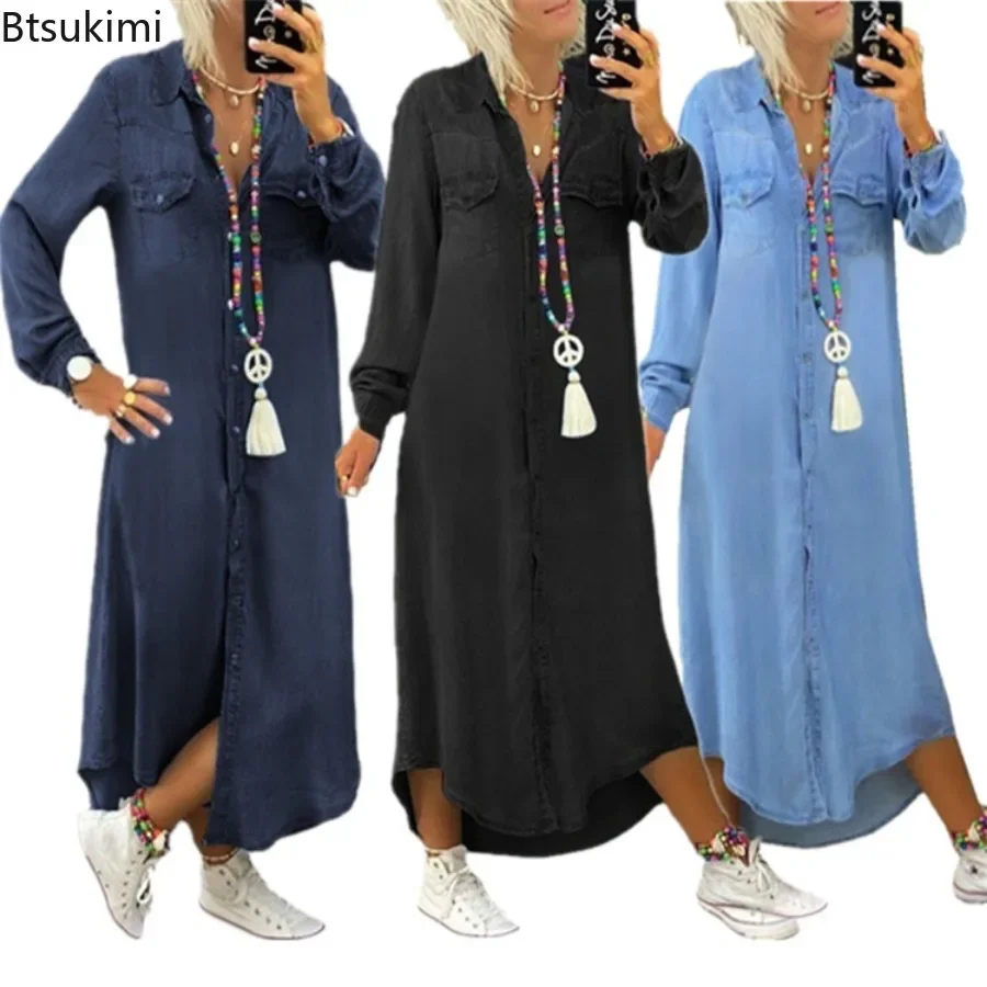 Robe en jean bleue à manches longues pour femmes, élégante, décontractée, mode vacances, printemps-automne, 2026