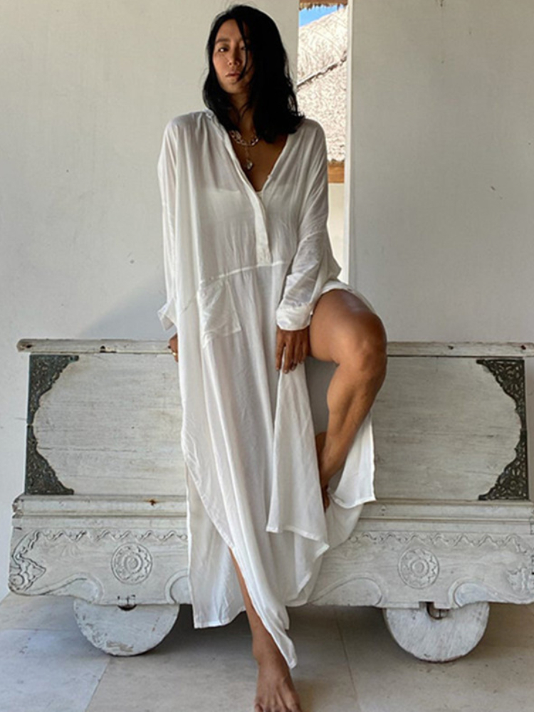 Robe de plage maxi blanche avec poches, cover-up pour les maillots de bain, kaftan, kimono, tunique d'été élégante