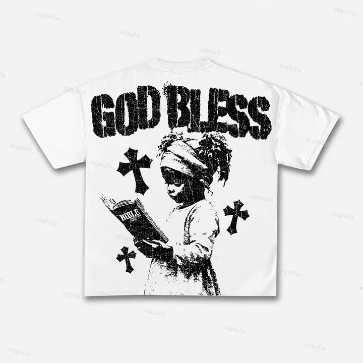 Dieu bénisse prière pour enfants imprimé graphique coton T-shirt hommes femmes haute qualité hauts Style Vintage T-shirt extérieur Streetwear