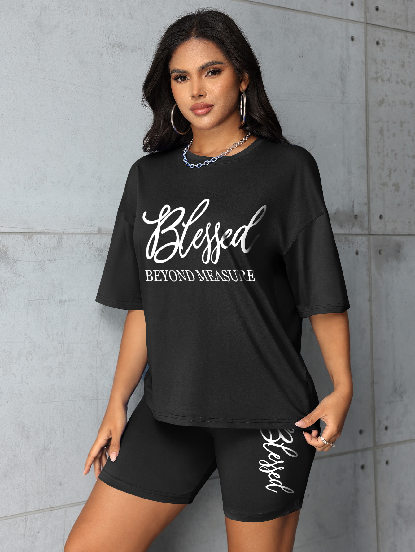 Ensembles Grande Taille pour Femmes – Nouveautés Été 2 Pièces Imprimées « Blessed » – Offres et Liquidations – Tout à Prix Abordable – Ensembles Courts Élégants pour Femmes
