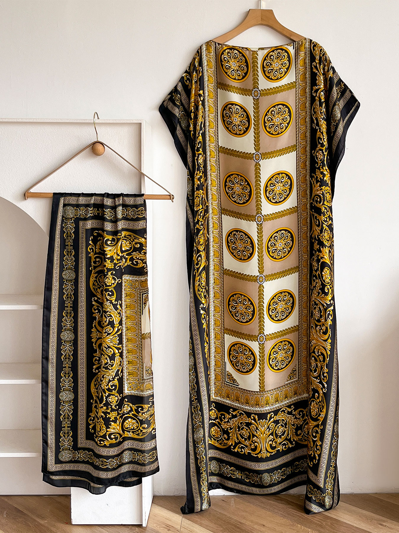 Abaya vintage baroque à imprimé satiné avec foulard, kaftan maxi ample pour femmes musulmanes africaines, tenue d'été pour la plage et les vacances