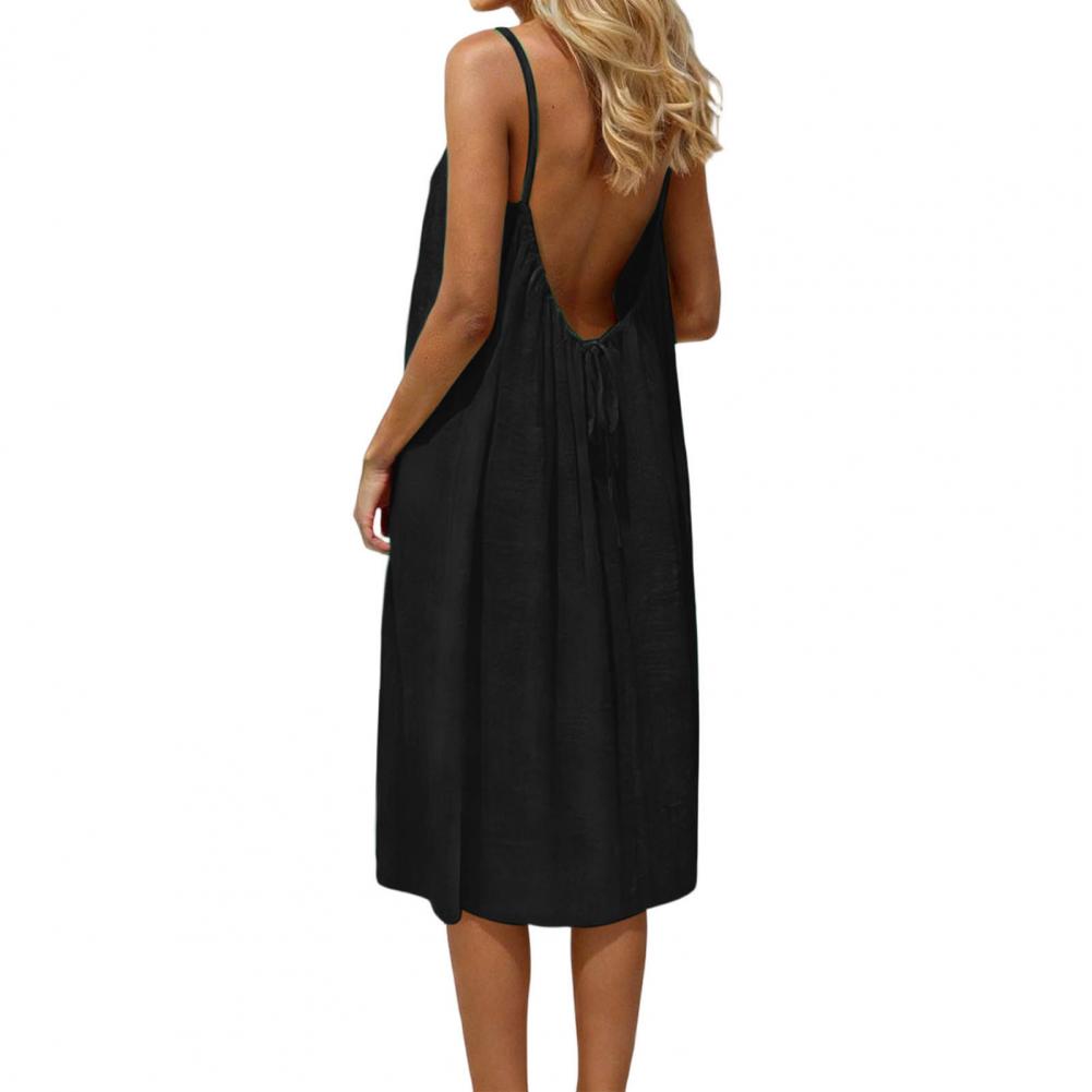 Robe décontractée sans dos pour femme, robe d'été sans manches, robe de plage à bretelles spaghetti, robe ample et fluide avec lien au dos