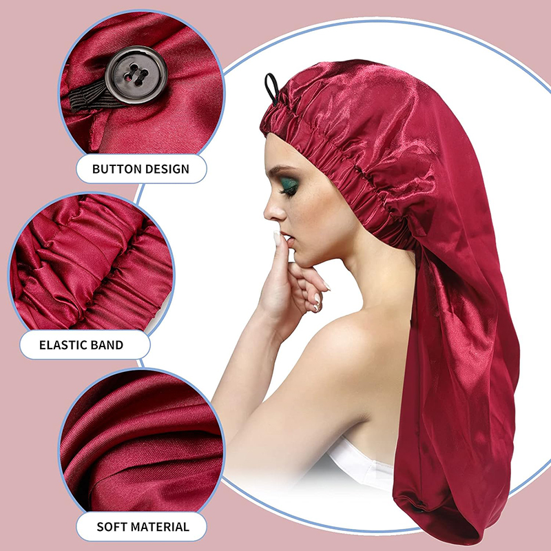 Bonnet Long en Satin pour femmes, grande casquette de sommeil avec boutons, tresses, bandeau élastique pour cheveux, Bonnet soyeux, chapeau de nuit, casquette de chimio, nouvelle collection