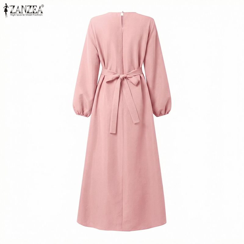 ZANZEA – robe longue kaftan musulmane pour femmes, manches lanternes, à lacets, couleur unie, plissée, robe longue islamique, Abaya