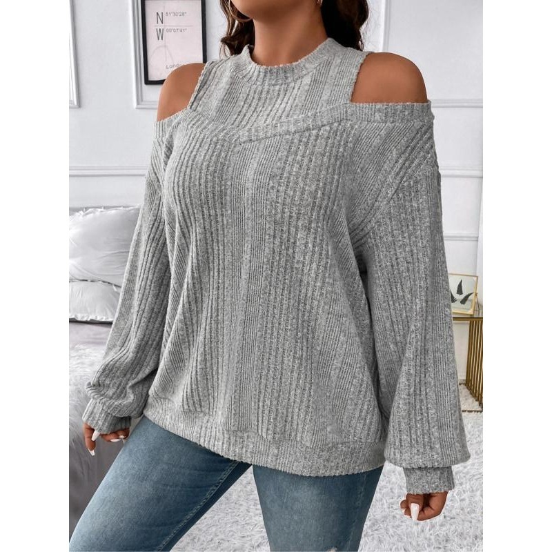 Pull en tricot pour femmes, grande taille 1XL-5XL, col mi-haut, épissure, couleur unie, manches longues, épaules dénudées