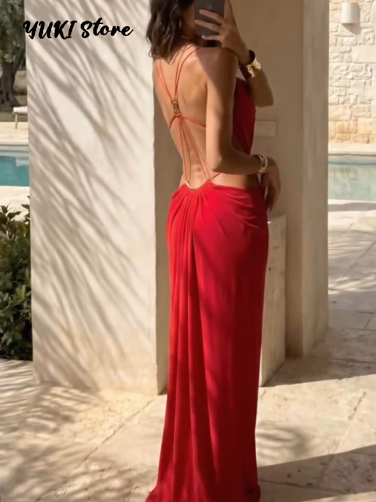 Robe longue sexy à découpes à la taille pour femme, col en V, sans manches, dos nu, style halter, couleur unie, collection été 2026, idéale pour les vacances à la plage
