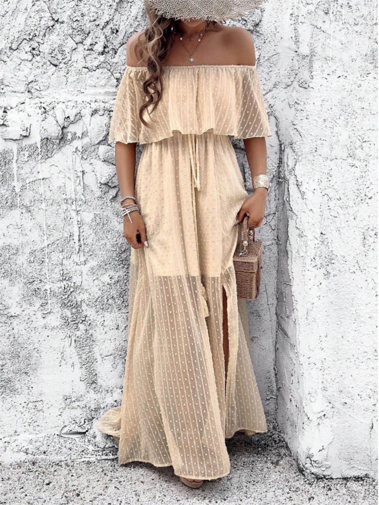 Robe de vacances style Boho pour femmes, épaules dénudées, manches courtes, col Slash, taille haute, ample, vêtements pour femmes
