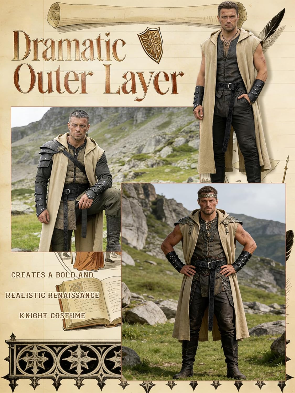 Ensemble de costumes Renaissance pour hommes – Costume médiéval/Renaissance pour hommes avec sur-manteau à capuche, ceinture en cuir et protège-bras