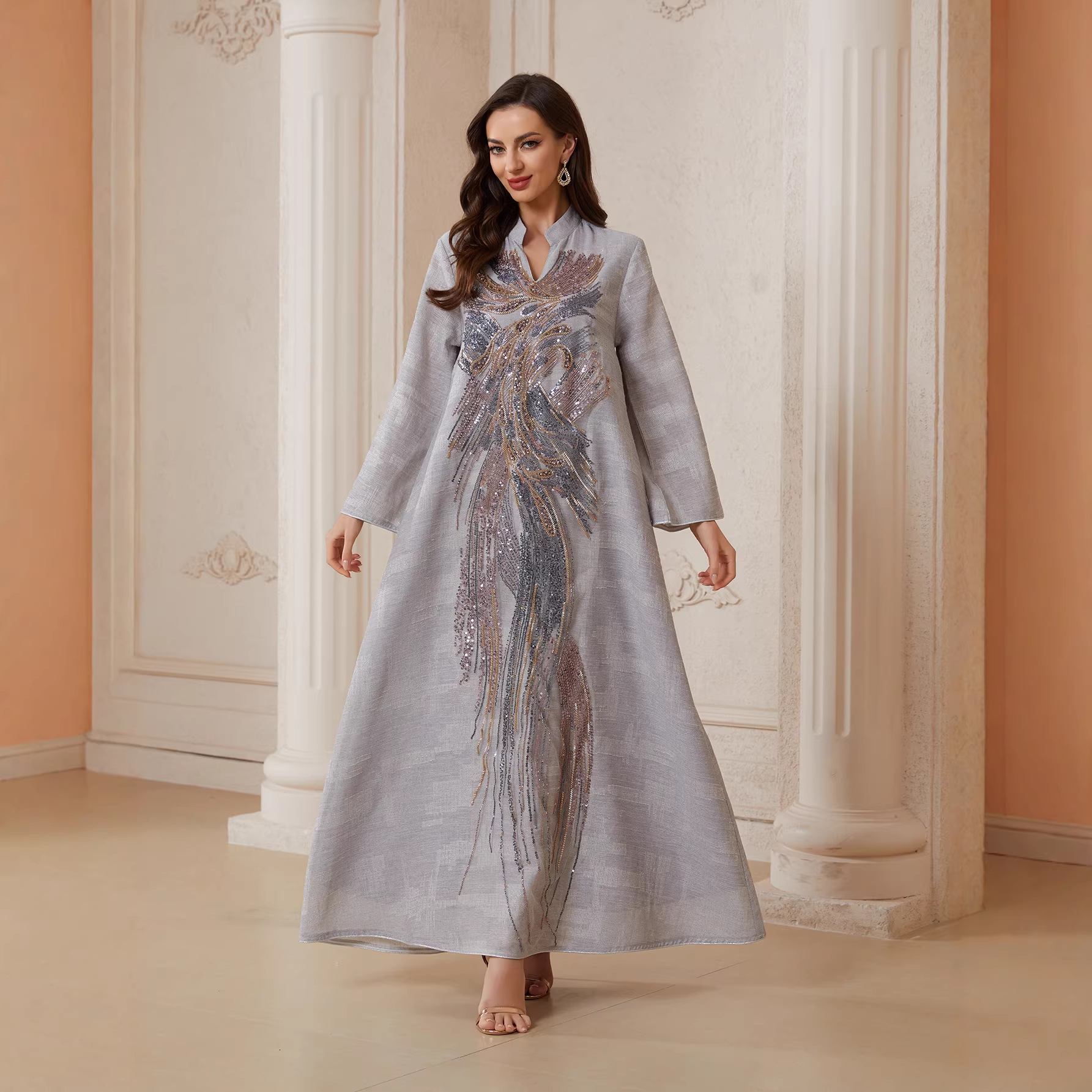 Robe Abaya pour femme, style Eid, en maille à sequins, longue, style Dubaï, Kaftan, Robe arabe, Caftan de fête, Jalabiya, Ramadan 2026