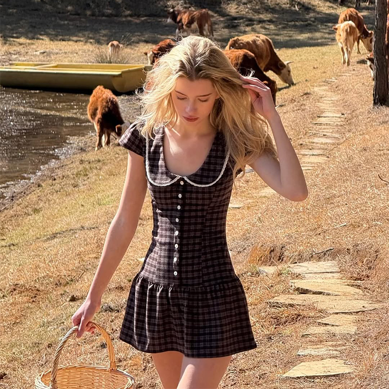 Nouvelle Robe Courte Vintage à Carreaux pour Femme, Manches Bouffantes, Col en Dentelle, Boutonnée, Jupe Trapèze, Style Doux, Tenue Quotidienne d'Été 2026