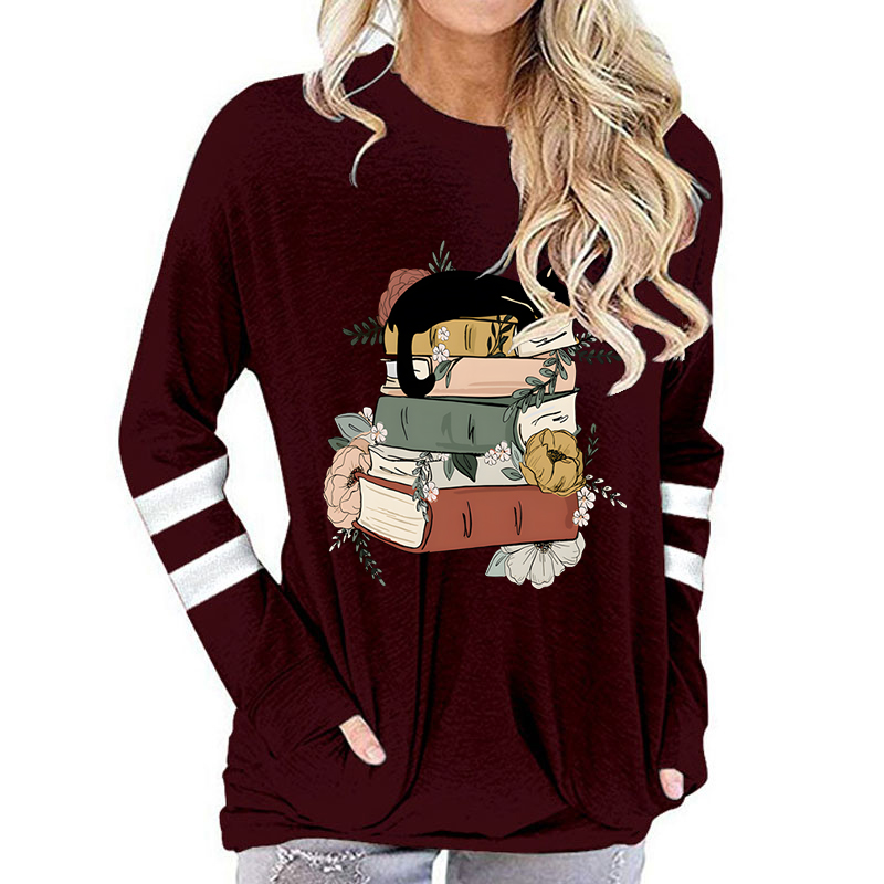 T-shirt à manches longues en coton pour femmes, Vintage chat avec livres imprimés, col rond, hauts drôles de fleurs, livres d'animaux, amoureux