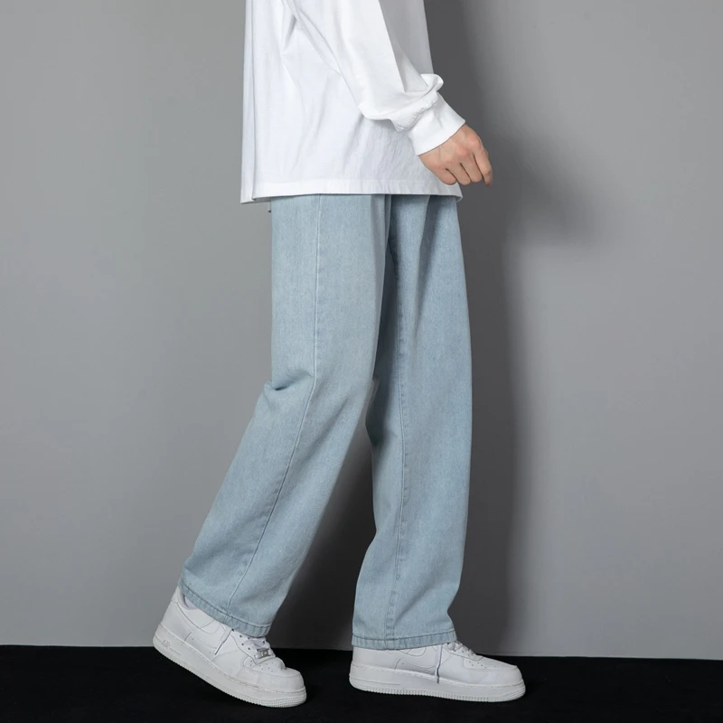 Nouveau Jean Cargo Homme Coréen Décontracté 2026 – Coupe Droite Classique, Jambe Large, Couleurs Unies (Bleu Clair, Noir) – Taille 3XL