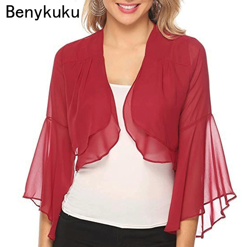 Cardigan en mousseline de soie pour femmes, veste de fête de mariage, robe de patients, couvertures, enveloppes, haut court, volants, manches évasées, châle, été