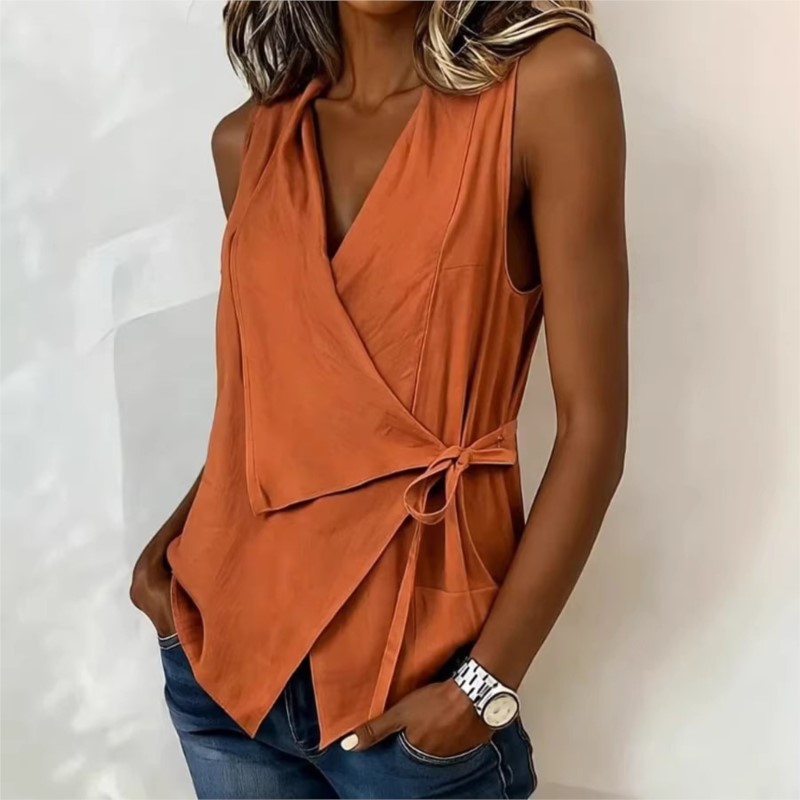 Hauts sans manches pour femmes, collection été 2026, chemise à revers avec ceinture à nouer, design à bretelles plissées, coupe ample, haut d'été décontracté, chemisier