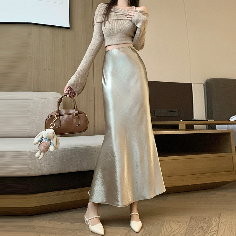 Jupe sirène taille haute en satin pour femme, jupe trapèze, longue, décontractée, élégante, coréenne, luxe, dames de bureau