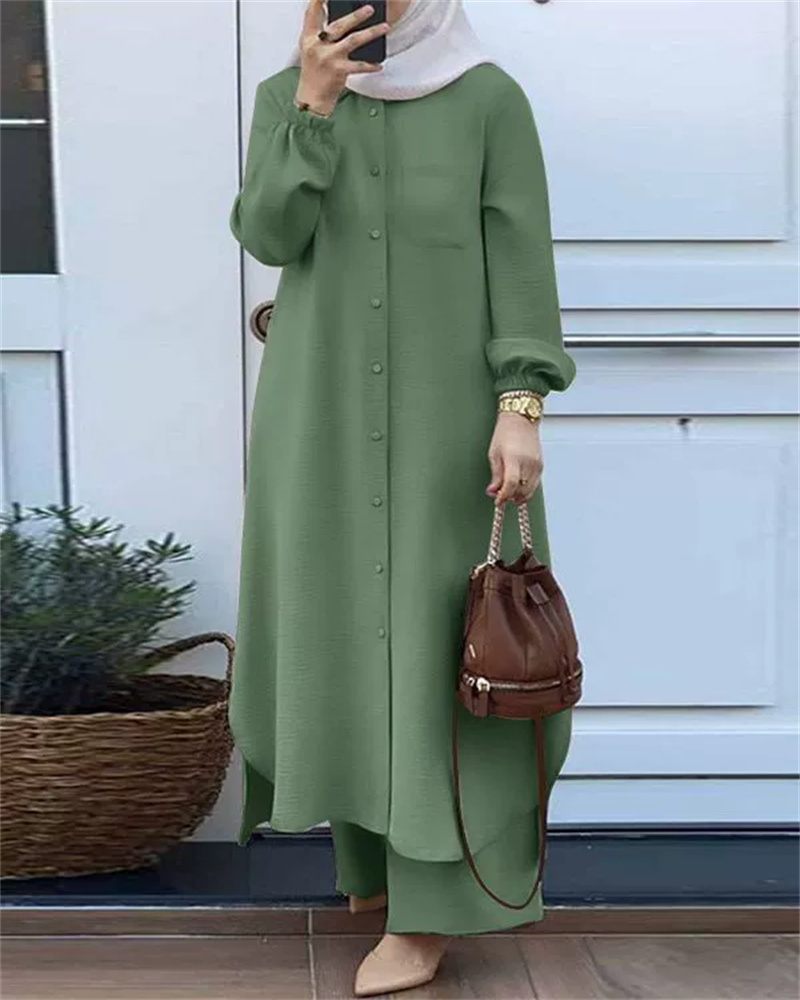 Ensemble de vêtements de sport deux pièces pour femmes, chemise à manches longues, pantalon à jambes larges, monochromatique élégant, vêtements de luxe islamiques, arabe