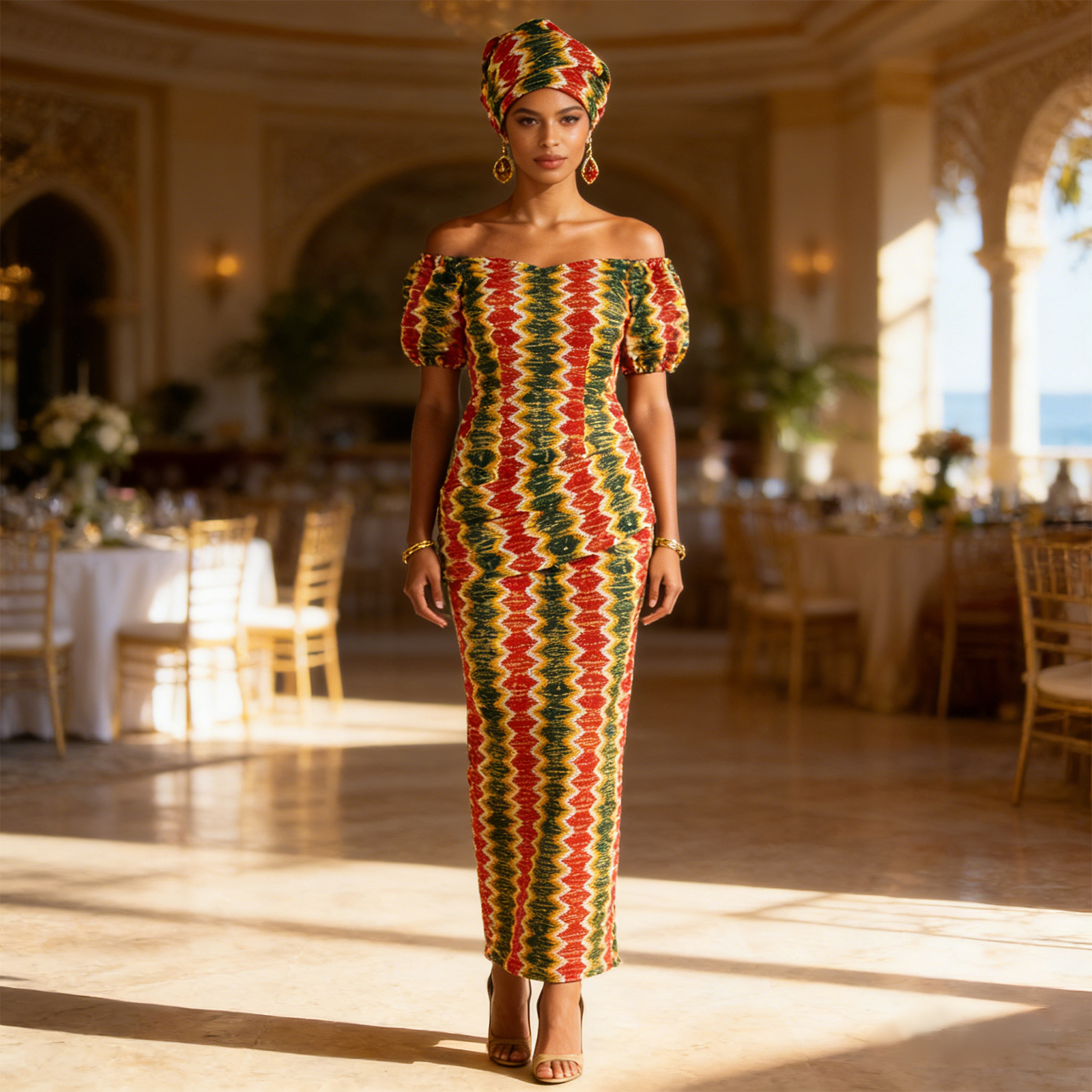 Robes de soirée africaines pour femmes, épaules dénudées, plis, robe Maxi avec foulard et boucles d'oreilles, mariage traditionnel, 2525052