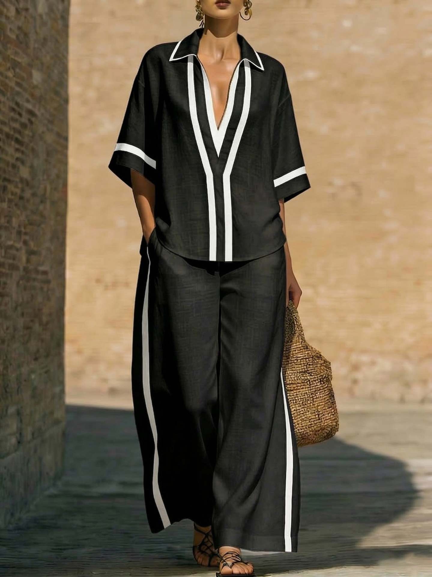 Ensemble deux pièces décontracté pour femme : chemise ample et pantalon taille haute à jambes larges – Soldes 2026 – Vêtements pour femme – Conjuntos Mujer