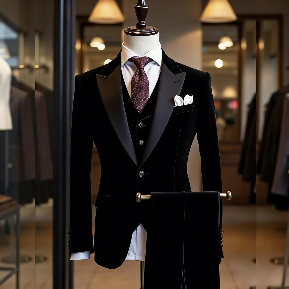 Costume de smoking 3 pièces en velours noir pour hommes, avec revers en Satin, tenue de mariage pour marié, dîner formel, bal, Banquet, Blazer, gilet, pantalon, ensemble