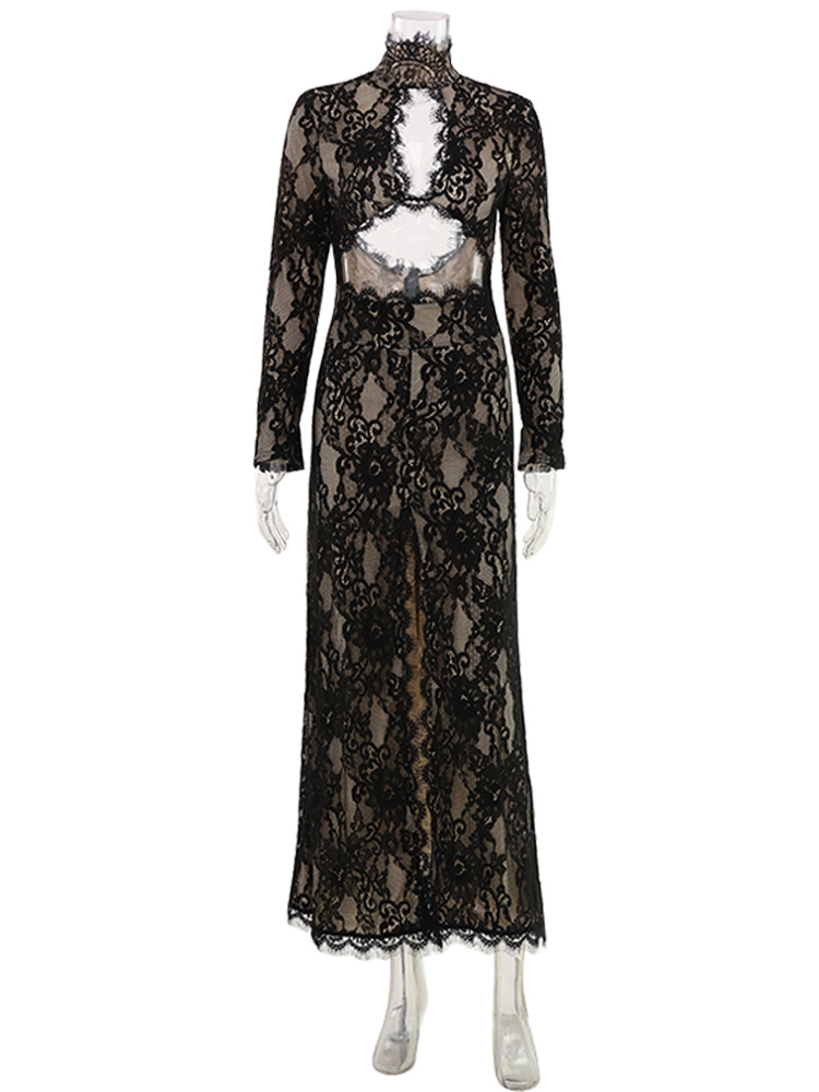 Huhugirl – robe longue en dentelle pour femmes, ajourée, unie, sexy, manches longues, fente, col montant, style streetwear, décontractée